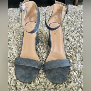 Yoki Friday Blue Denim Open Toe Block Heel Ankle Strap Pumps